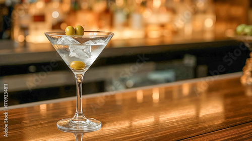Wallpaper Mural A perfectly chilled martini with olives and ice sits on a polished wooden bar, ready to be enjoyed. The background shows a softly lit bar. Torontodigital.ca