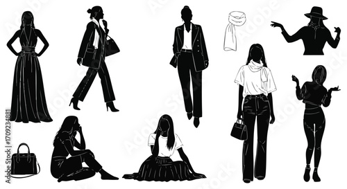 Elegant black and white fashion illustrations for stylish designs, modern lifestyle concepts