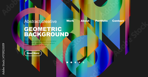 Bright geometric design features colorful shapes, text overlays, navigation menu. Modern aesthetic suitable for website header or banner.