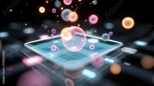 Digital Abstraction: A captivating digital image that blends technology and creativity, featuring glowing orbs, interconnected lines, and a tablet computer.  This image evokes feelings of the future.