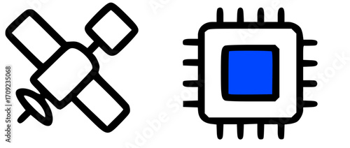 Iconographic representation of a satellite and a computer chip, side by side.