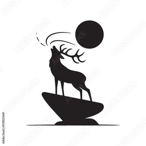 Vector art of silhouette of a stag howling at the moon on a rock