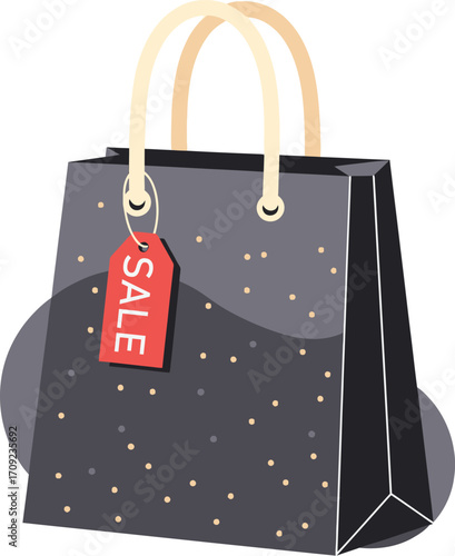 vector illustration of a black shopping bag with a sale tag and polka dots for a Black Friday retail purchase.