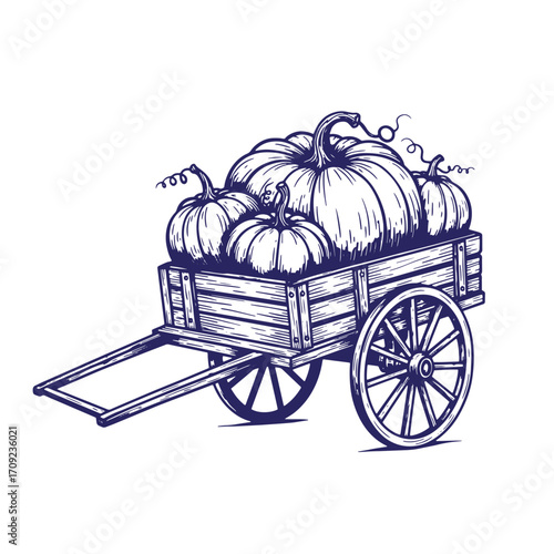 Vintage ink drawing of pumpkins harvested in a rustic wooden wagon for autumn season