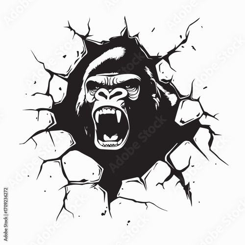 Powerful Angry Gorilla Destroying Wall Vector Drawing Isolated on White Background