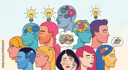 Diverse minds spark brilliant ideas with glowing bulbs and intricate gears symbolizing innovation and thought