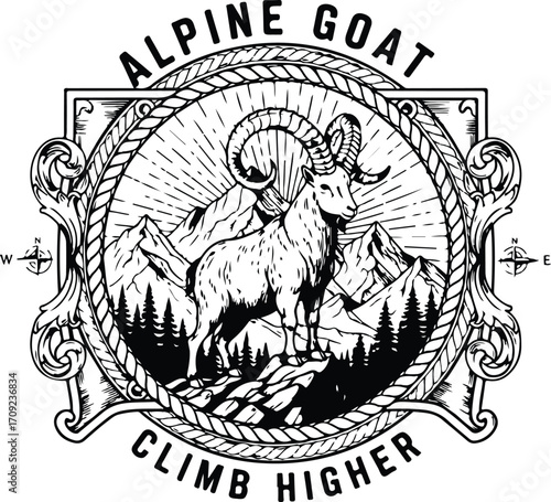 "Alpine Goat on Mountain Peak – Inspirational Black and White Vintage Emblem with Compass and Radiant Sky