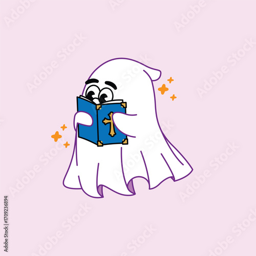 A funny and cute cartoon ghost character is seriously reading a holy book with a cross on the cover, isolated on a light background.