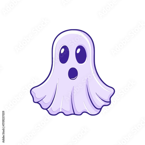 spooky cartoon illustration of cute,surprised ghost hovering with purple glow for websites and blogs related to Halloween,spooky themes,parties,or children's events