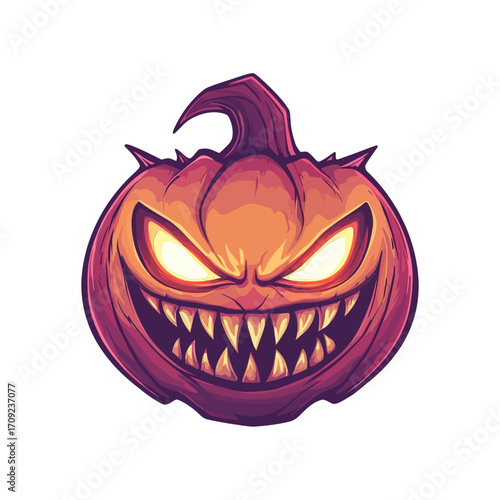 A sinister, stylized cartoon illustration of a jack-o'-lantern with glowing eyes and sharp teeth. This image is perfect for websites or blogs about Halloween, horror, parties, or themed events.

