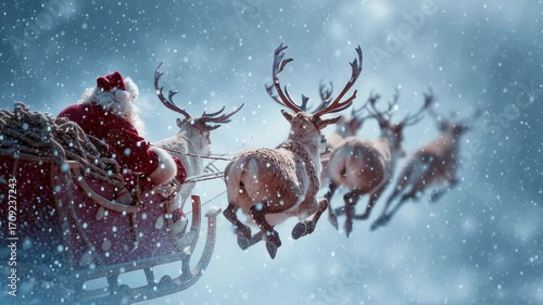 Santa Claus flying in sleigh with reindeer through snowy sky  