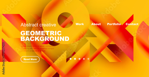 Bright geometric background design. Orange, red hues dominate, text overlays present work details, navigation options visible.