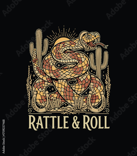 Rattlesnake Desert Illustration – Bold Snake Art with Cactus, Sunburst, and Rattle & Roll Text