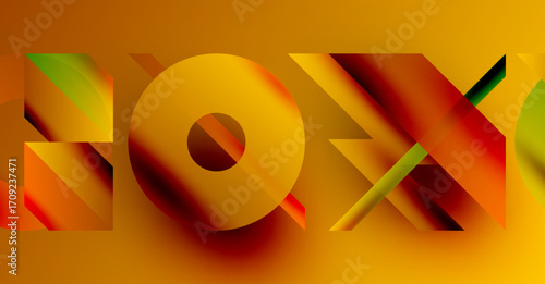 Bright colorful text spells FOX. Gradient hues blend orange, yellow, green. Modern design with layered shapes creates depth.