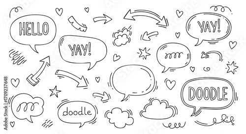 Fun hand drawn doodle design elements for creative projects hello yay message bubbles and arrows