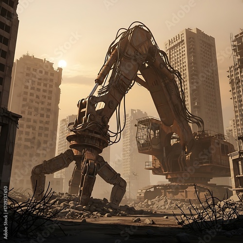 A colossal, rusty excavator dismantles debris in a dilapidated urban landscape, highlighting the desolation of a post-apocalyptic scene.
