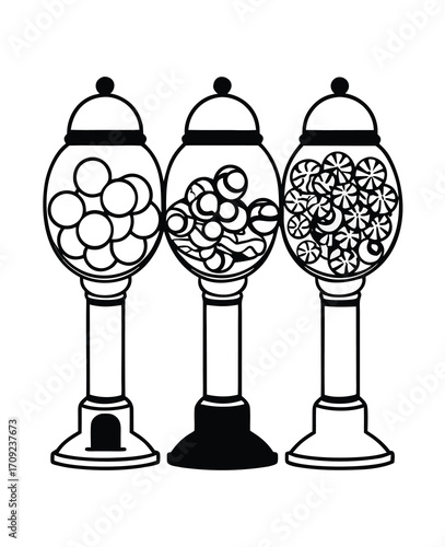 Three vintage candy dispensers containing different types of sweets vector illustration