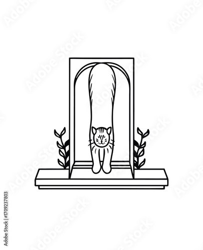 Stylized outline drawing of a cat stretching in an arched frame between plants