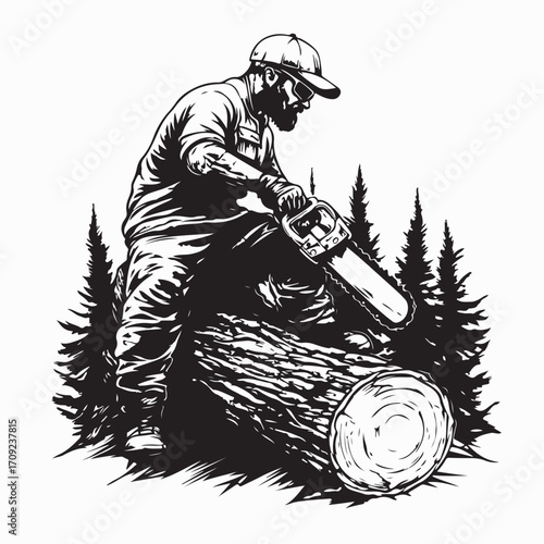Worker Holding Chainsaw Cutting Wood Vector Illustration Isolated on White Background
