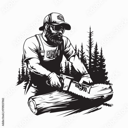 Lumberjack Worker Using Chainsaw Cutting Tree Vector Art Isolated on White Background