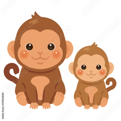 お座りしたサルの親子イラスト