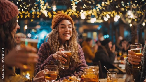 Young woman smiling while celebrating with friends at a bar in winter  