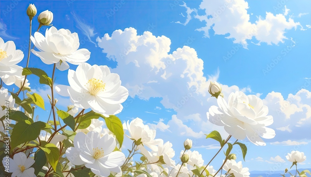 Obraz premium White Flowers Blooming Under Blue Sky with Clouds in Sunny Weather