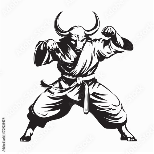 Karate Fighter Bull Wearing Kimono Vector Art Isolated on White Background