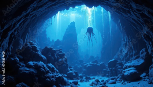 Grotto Glow  Hidden Light Source Mimicking Natural Cave Environments   A Serene Underwater Vista with Subterranean Ambiance