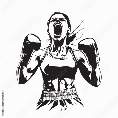 Angry Young Female Fighter Boxing Logo Vector isolated on white background