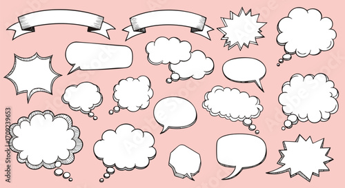 Sketchy speech bubbles and banners on pink background ready for your creative text and messaging needs