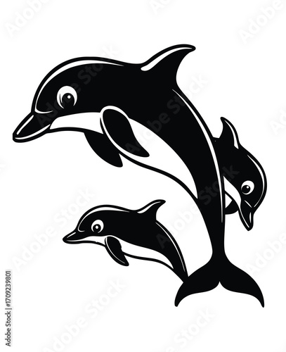 Black and white vector illustration of a playful pod of dolphins swimming together happily