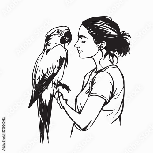 Girl Animal Trainer Holding Tame Parrot Pet Bird Vector Illustration