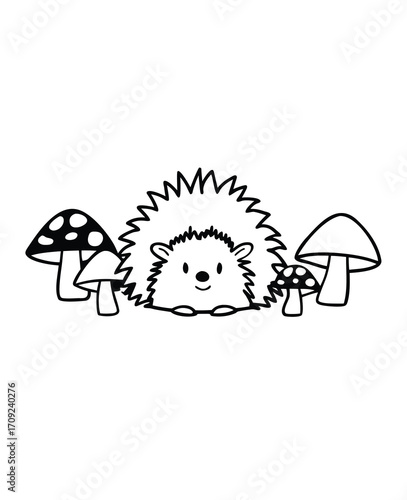 Cute hedgehog with mushrooms illustration vector design element on white background