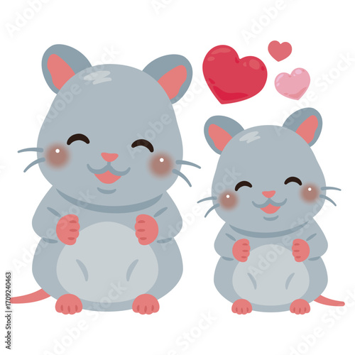 お座りした笑顔のネズミの親子イラスト