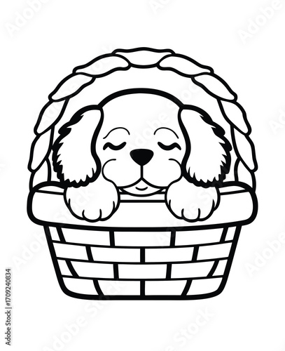 Cute Puppy Sleeping Peacefully in a Woven Basket Black and White Illustration