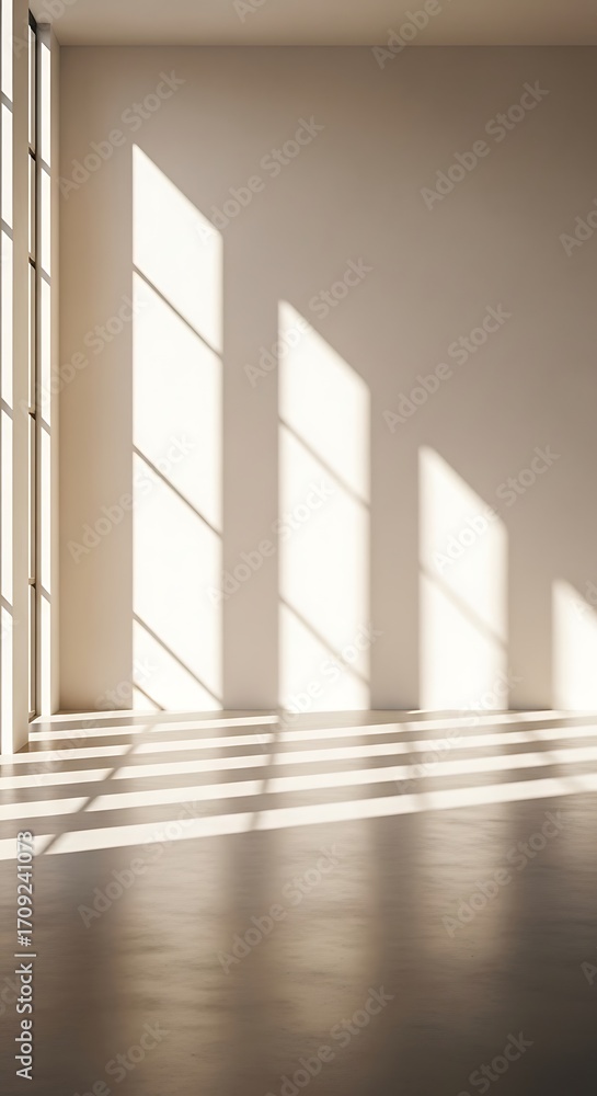Fototapeta premium Interior view of a room with sunlight streaming through a large window, creating shadows.