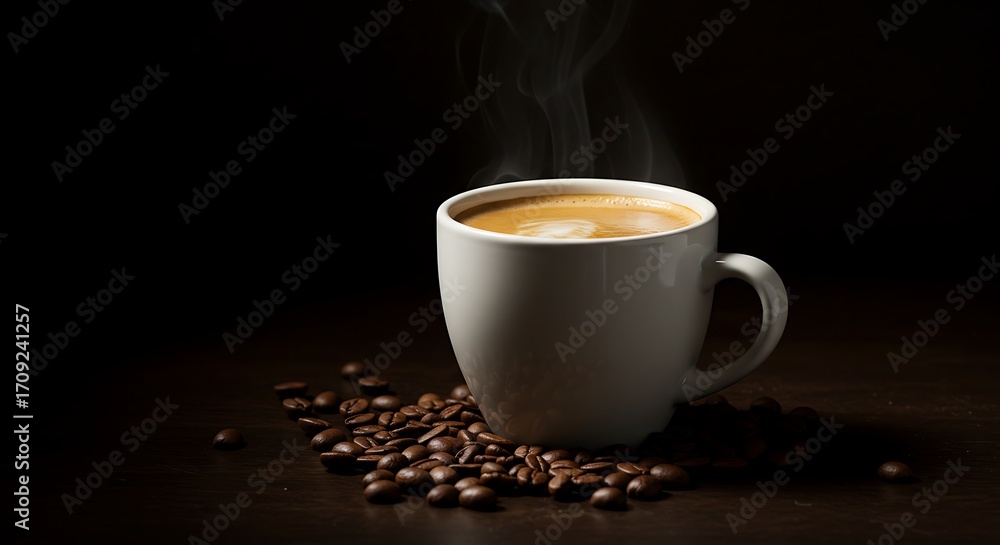 Fototapeta premium Steaming Coffee Cup with Roasted Beans on Dark Wood Surface