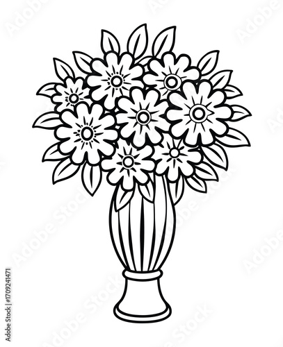 Floral arrangement in vase black and white outline drawing of bouquet isolated
