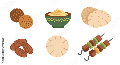 Delicious Middle Eastern Food Set Featuring Falafel, Hummus, Pita Bread, Dates, and Kabobs for Culinary Illustrations and Recipe Guides