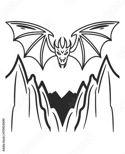 Illustration of a menacing winged dragon emerging from a dark cave entrance