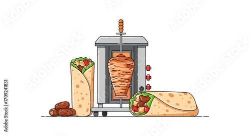 Vibrant Doner Kebab Illustration Showcasing Middle Eastern Cuisine and Street Food Culture, Ideal for Menu Design and Culinary Promotion