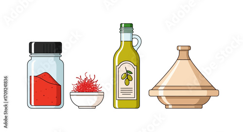 Culinary Ingredients and Traditional Cookware Illustration for Mediterranean and Moroccan Cuisine Recipes. Ideal for food blogs and culinary education material.