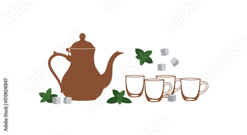 Elegant Illustration of Mint Tea Preparation with Teapot, Glasses, Sugar Cubes, and Fresh Mint Leaves. Ideal for culinary blogs, tea recipes, and beverage promotions.