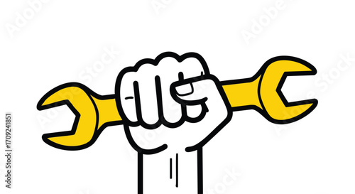Powerful fist grips yellow wrench symbolizing strength, repair, and skilled labor in industry