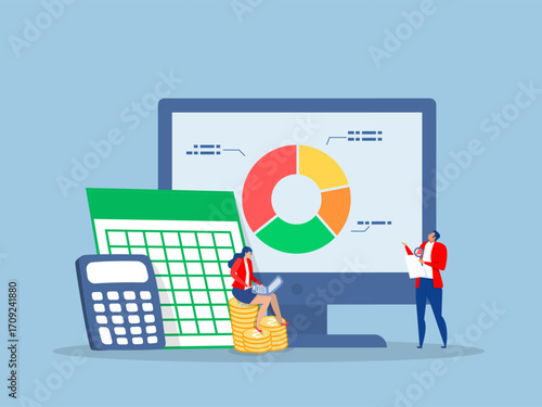 Spreadsheet producing reports,business people accountants with calculator, spreadsheet producing reports,Accounting and finance audit, calculate budget, profit and loss, produce report graph from data