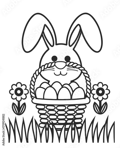 Adorable Easter bunny with a basket full of eggs illustration for coloring book