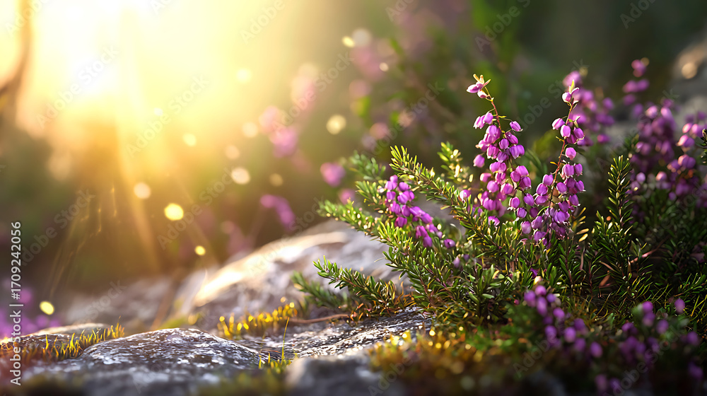 Obraz premium Vibrant image of blooming heather with delicate purple flowers, surrounded by lush green foliage and sunlit rocks, evokes serene atmosphere