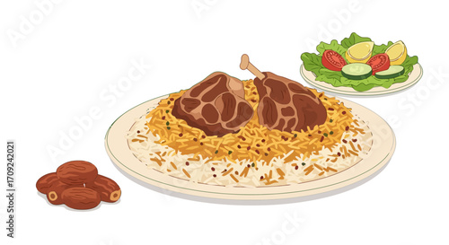 Exquisite Mansaf Illustration Showcasing Jordanian Cuisine on a Plate, Perfect for Culinary Blogs, Recipe Websites, or Middle Eastern Food Promotions