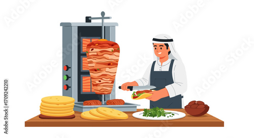 Arabian Shawarma Preparation Illustration: Depicting a Chef Crafting Traditional Middle Eastern Cuisine for Culinary Art, Food Blogs, and Restaurant Marketing